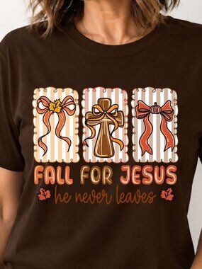 Fall for Jesus Christian Graphic T-Shirt Brown Size Large